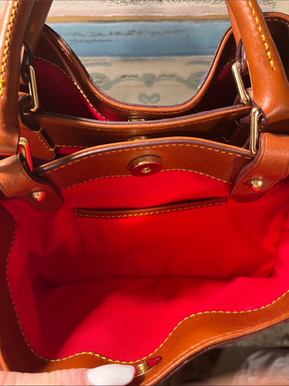 Dooney & Bourke Navy Logo Satchel with Brown Leather Handles - Picture 5 of 13